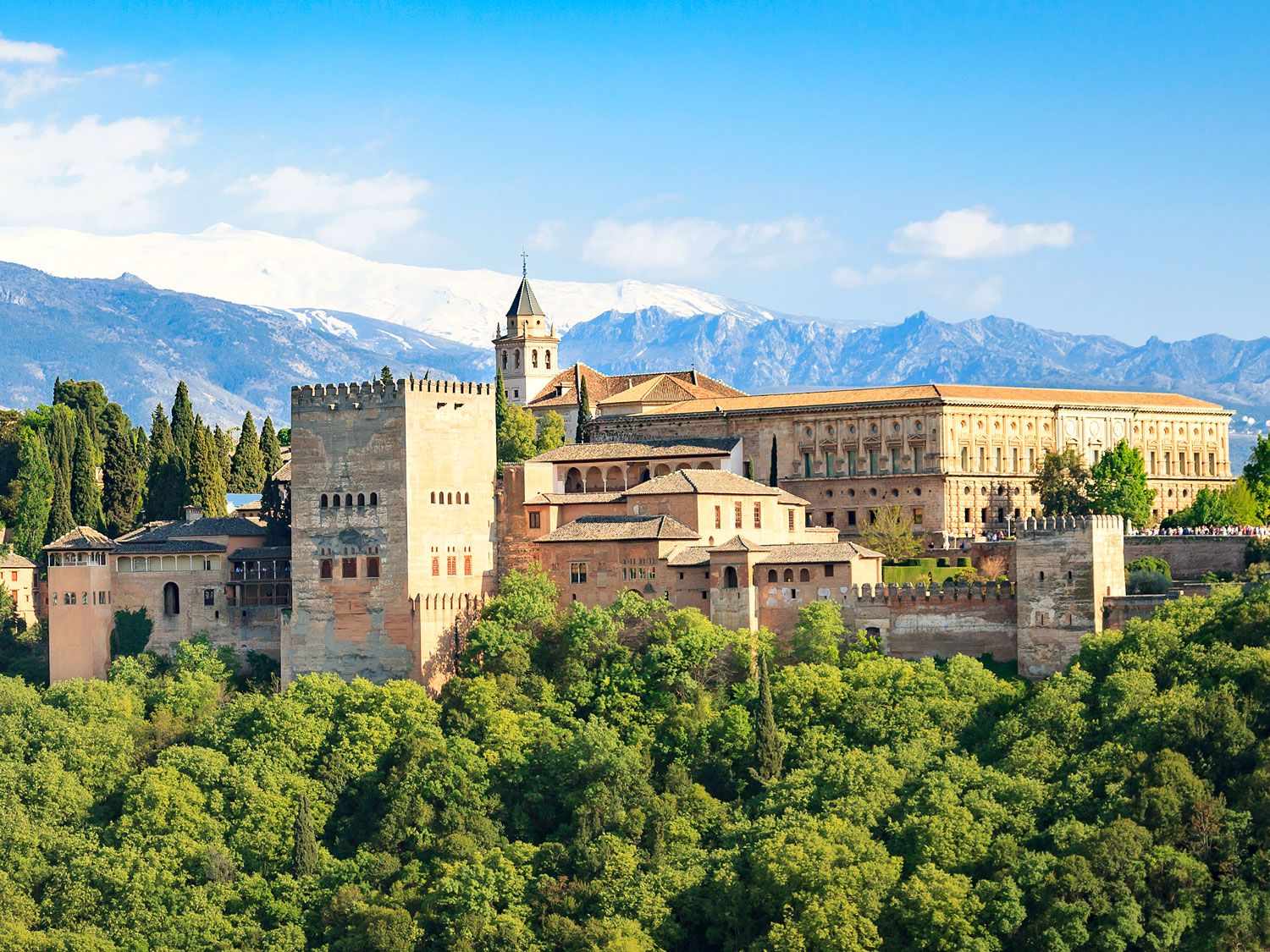 Alhambra Palace surrounded by treetops in Granada, Spain