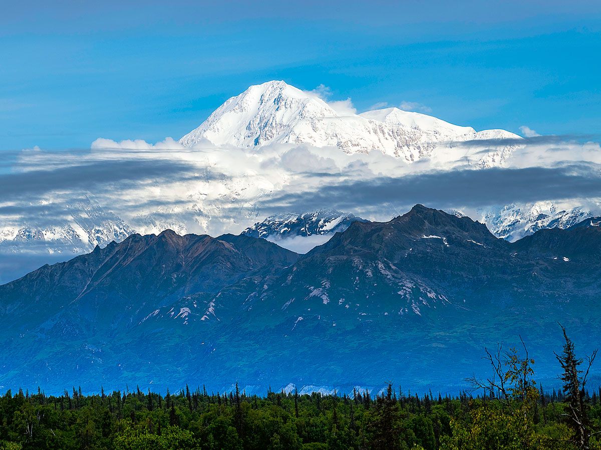 View of snow-covered Denali peak in Alaska