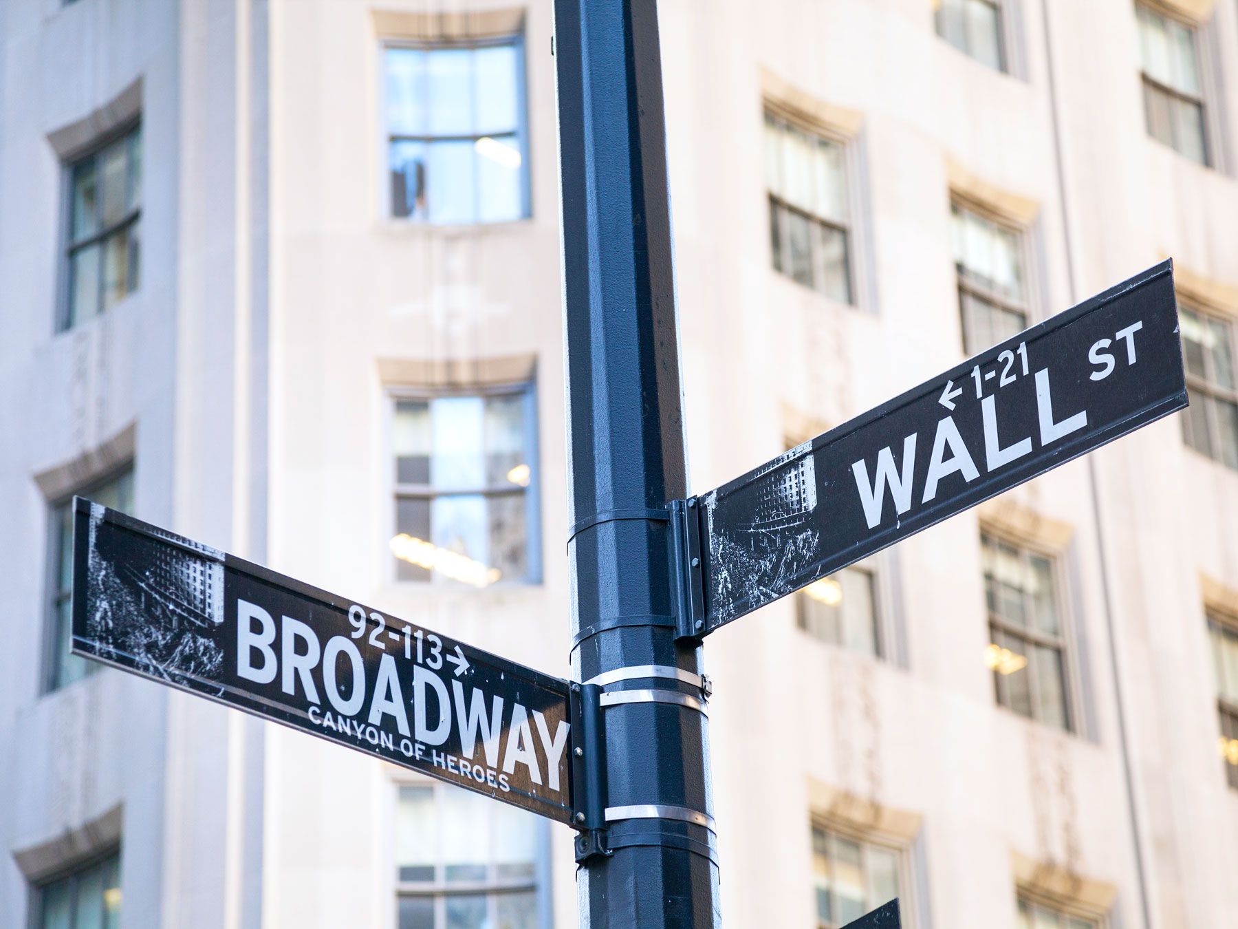Signs for Broadway and Wall Street in Lower Manhattan, New York City