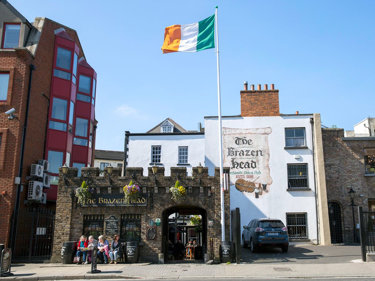 Irish flag flying over the Brazen Head pub in Dublin