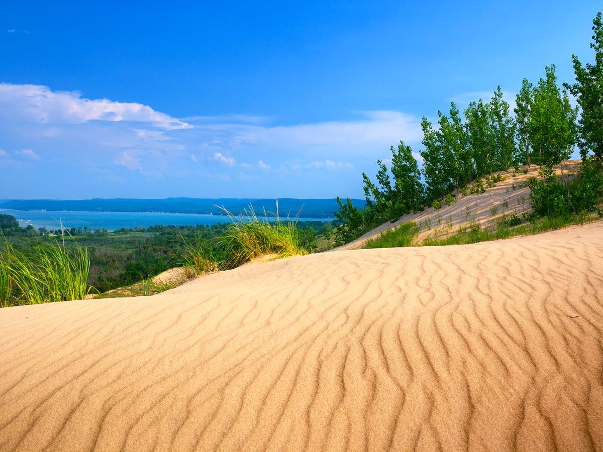 Views of sand dunes and Lake Michigan from Empire Bluff Trail in Indiana