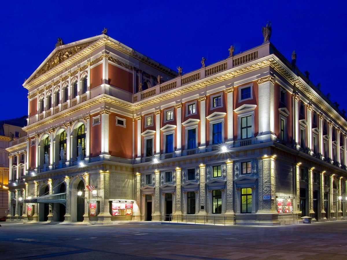 Exterior of Vienna's Musikverein, seen at night
