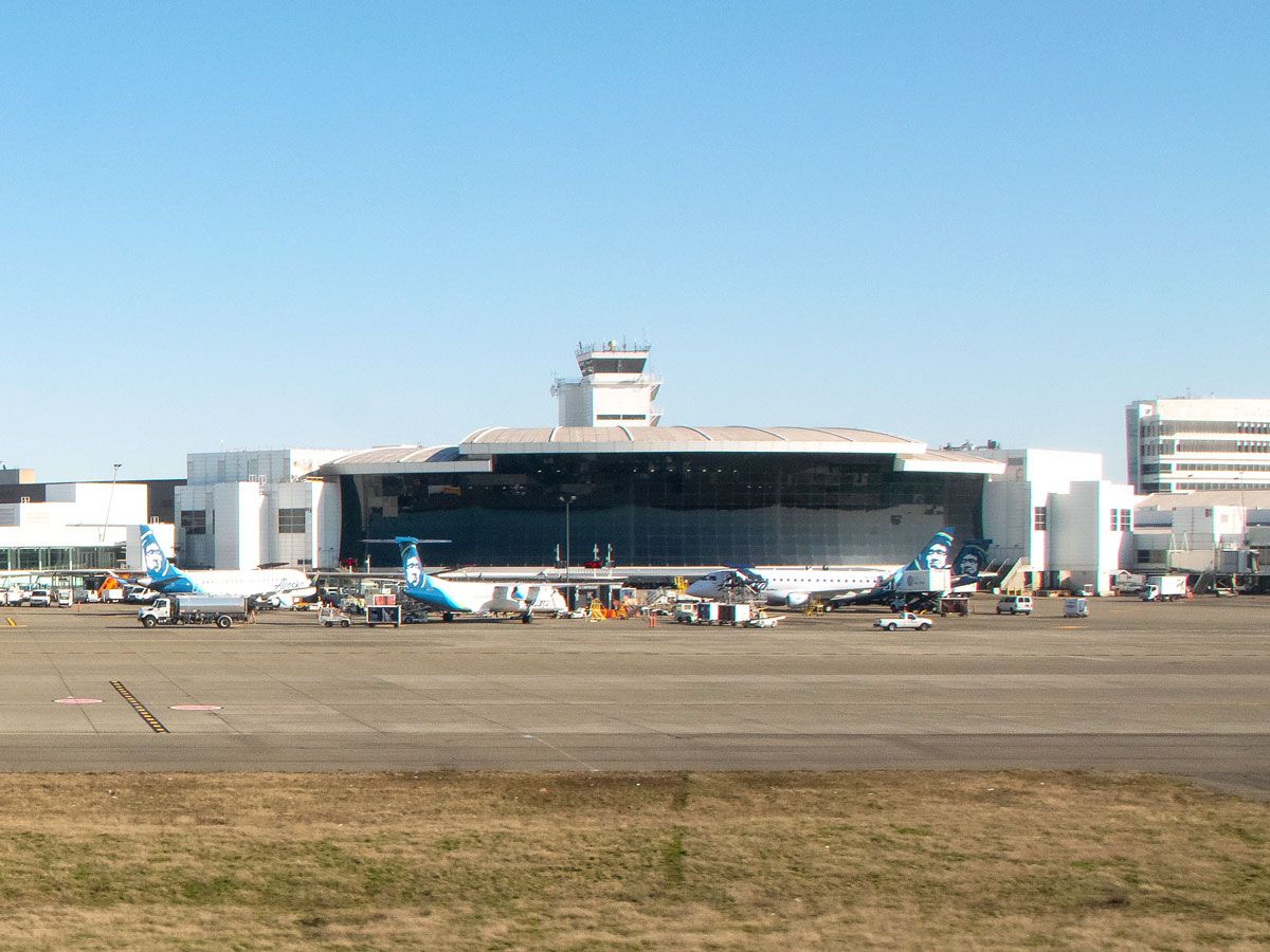 Alaska Airlines planes parked at gates at Seattle-Tacoma International Airport
