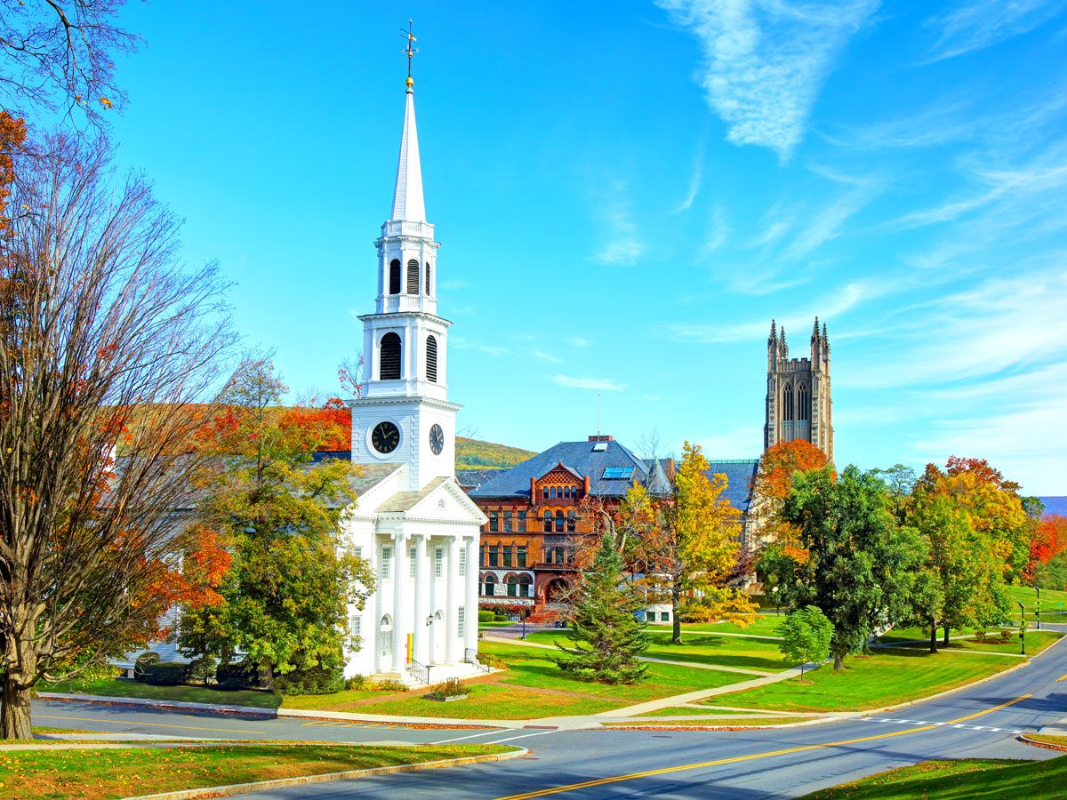 Church in Williamstown, Massachusetts, with fall colors surrounding