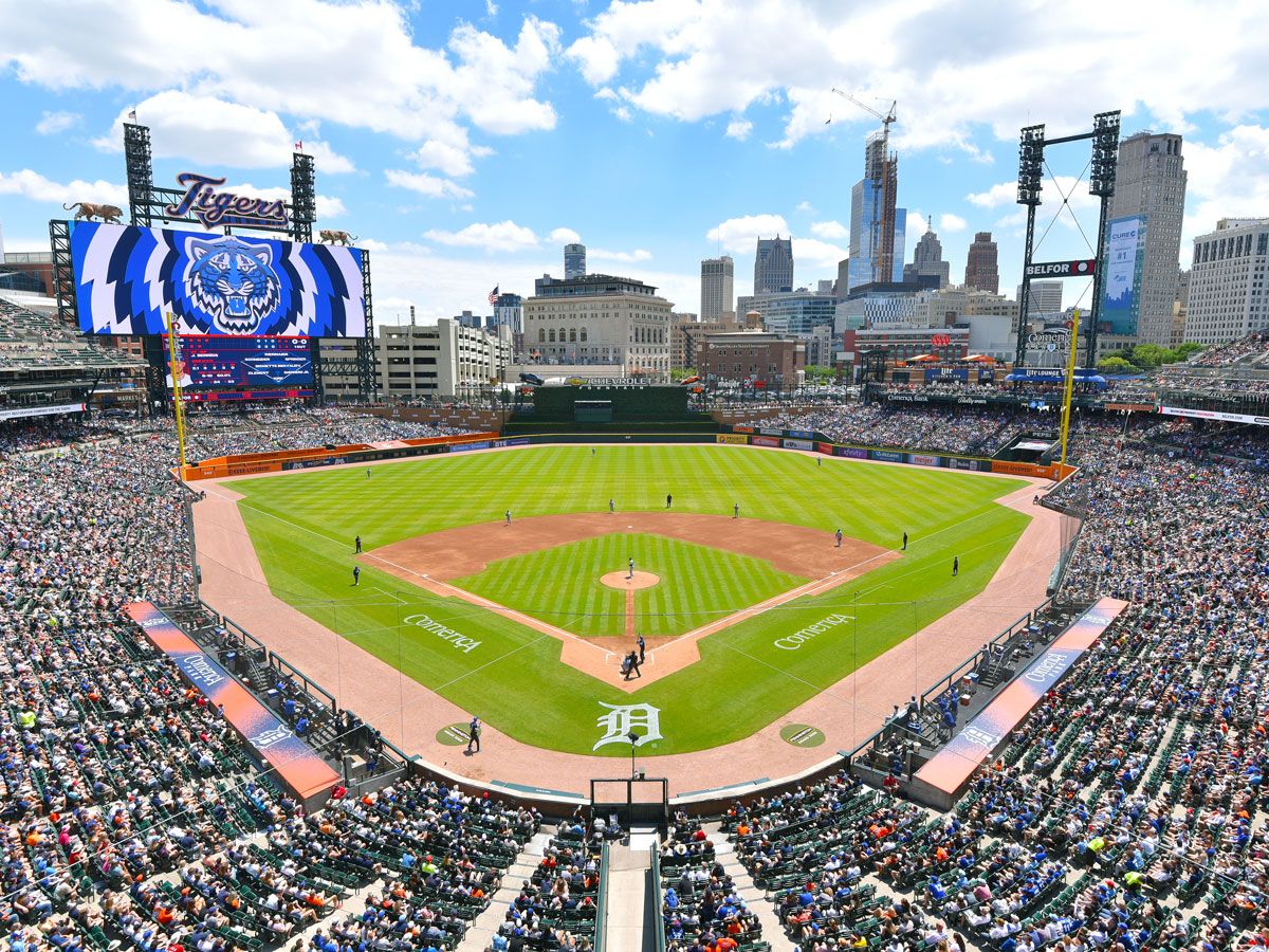 View of Comerica Park in Detroit, Michigan, from behind home plate