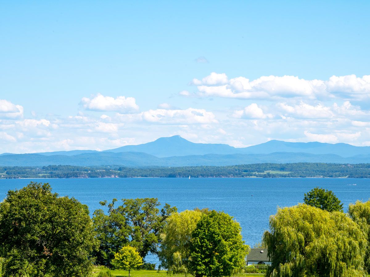 Lake Champlain, Vermont, with Blue Mountains in distance