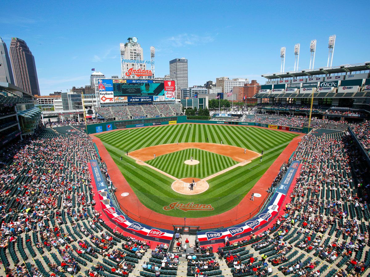 View of Progressive Field in Cleveland, Ohio, from behind home plate