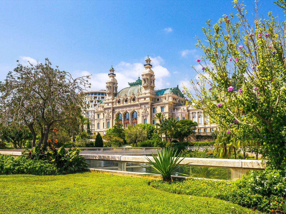View of Monte Carlo Casino in Monaco across park