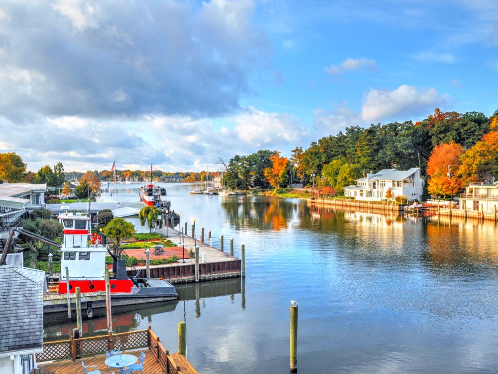 Waterfront homes and docks in Saugatuck, Michigan