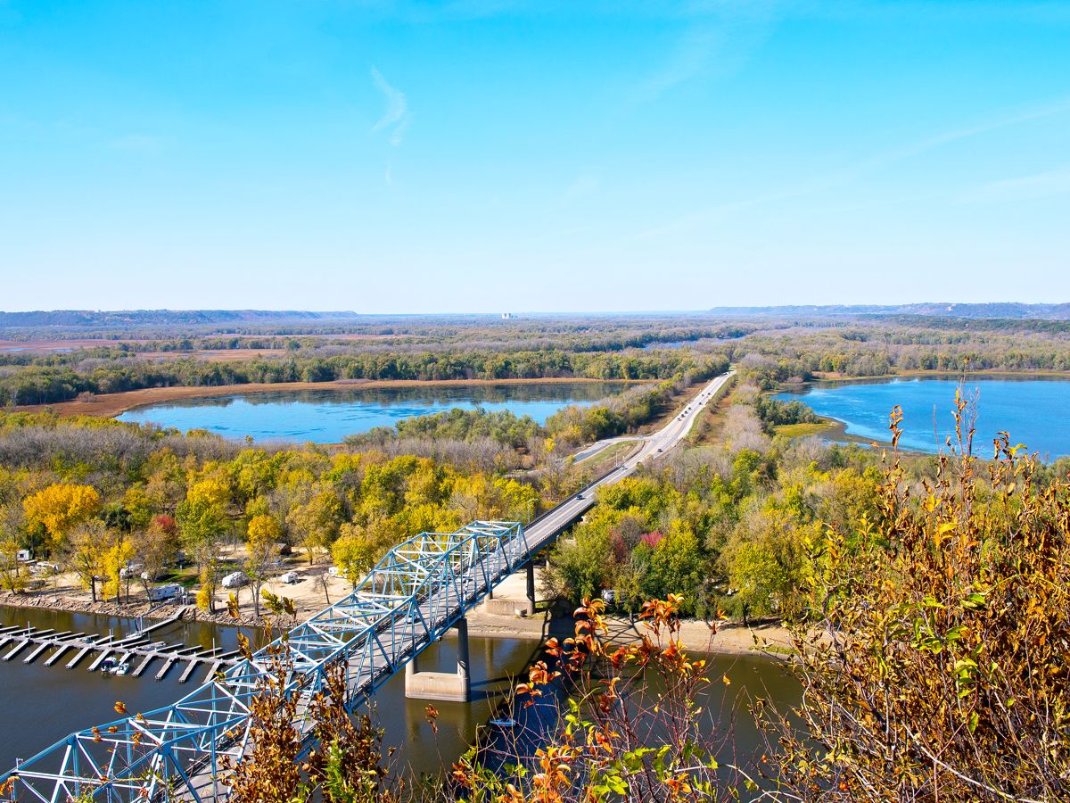 Aerial view of lakes and bridge leading to Red Wing, Minnesota