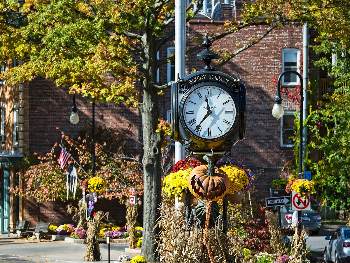 Clock tower in Sleepy Hollow, New York, with Halloween decorations