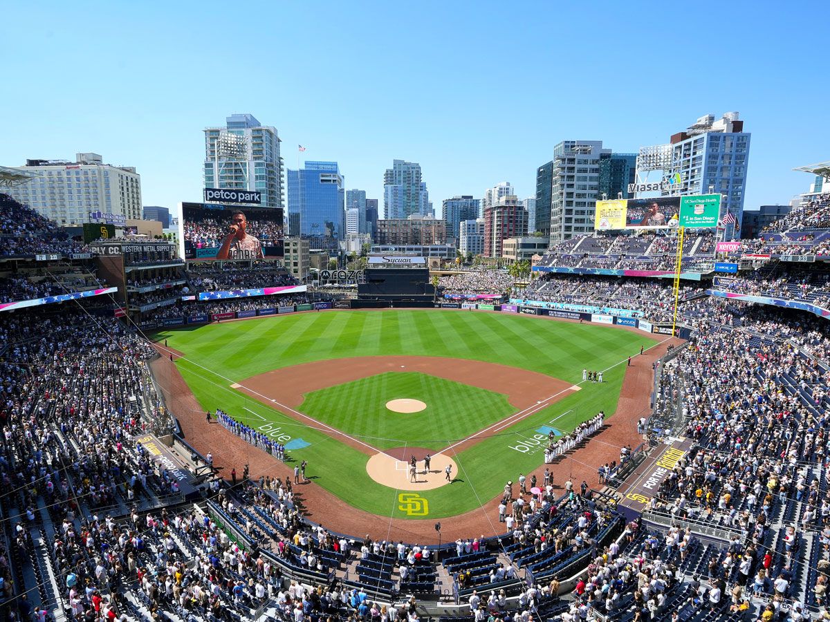 View of Petco Park in San Diego, California, from behind home plate