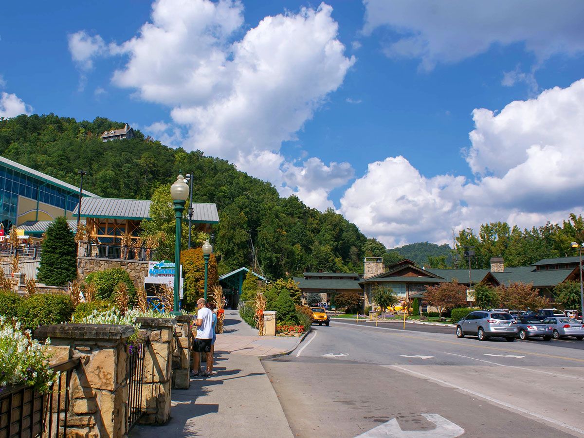 Townscape of Gatlinburg, Tennessee, with Great Smoky Mountains in background