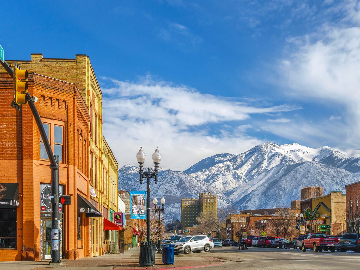 Downtown Ogden, Utah, with view of  snow-capped mountains