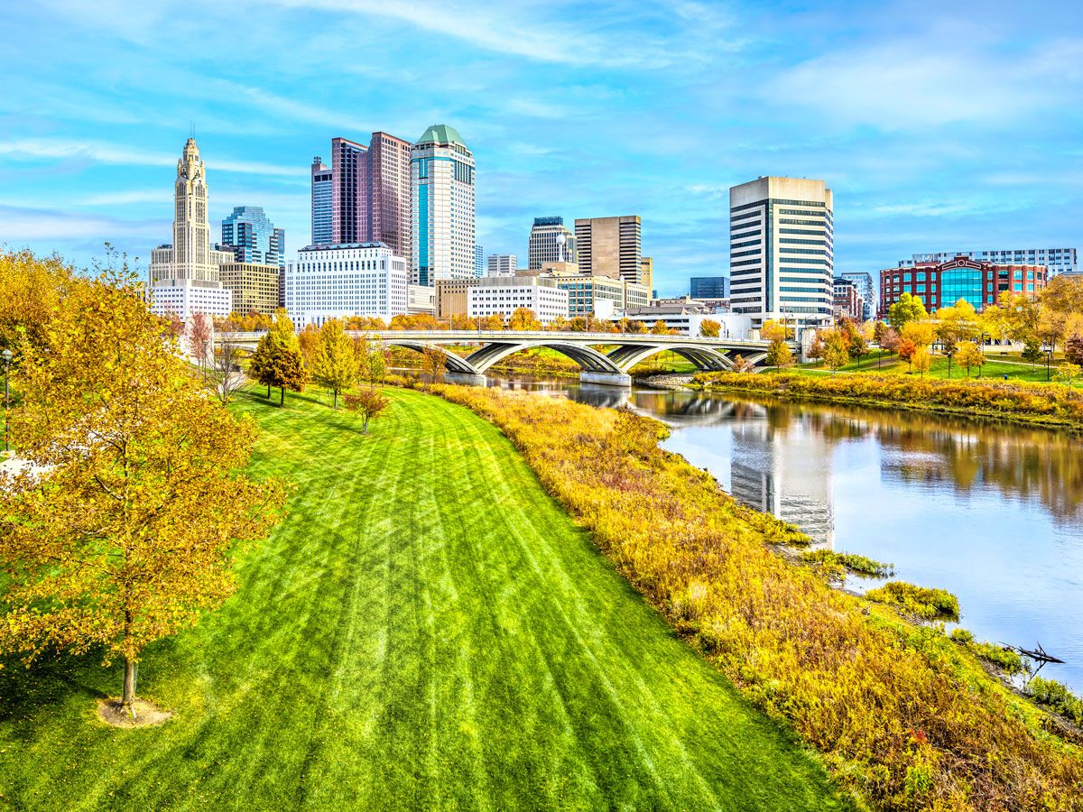 Aerial view of Scioto Mile and Columbus, Ohio, skyline