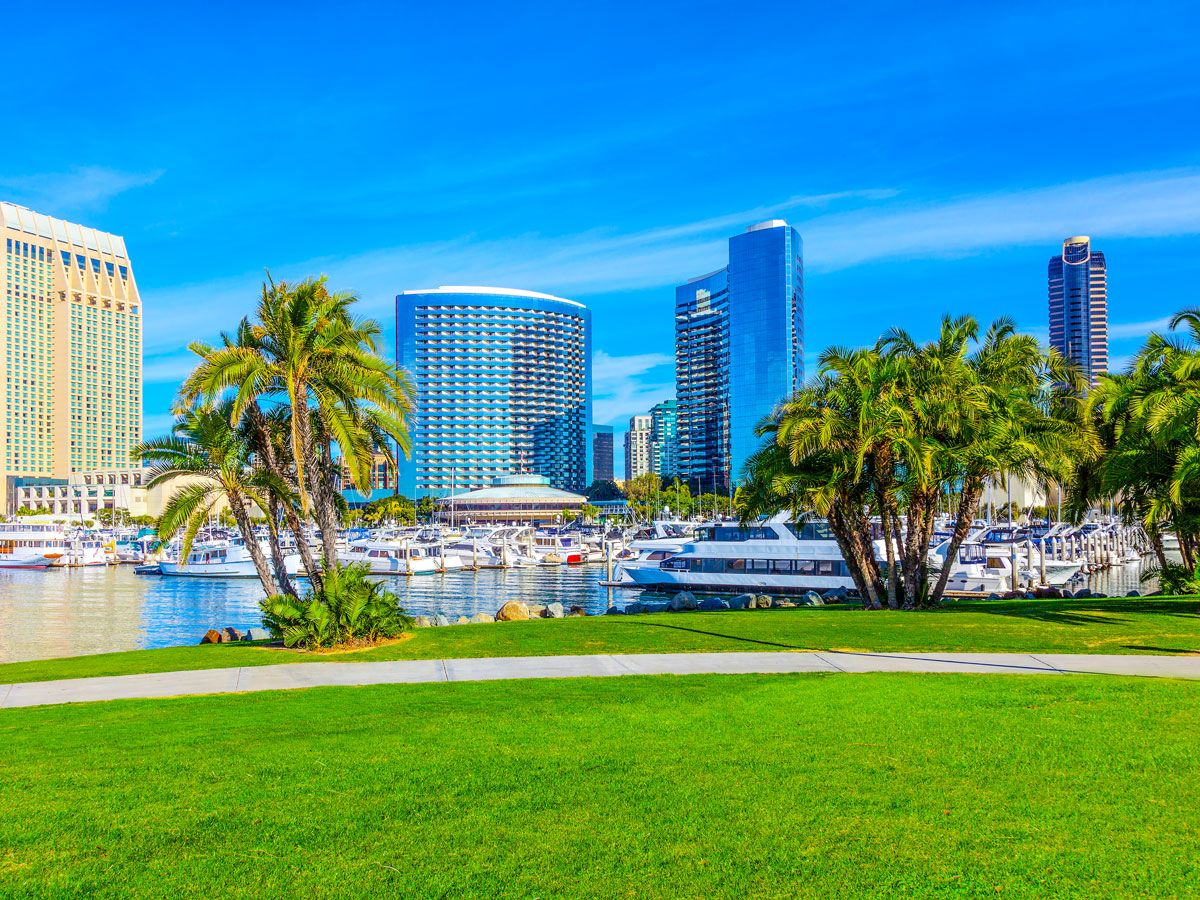 Park, marina, and San Diego skyline