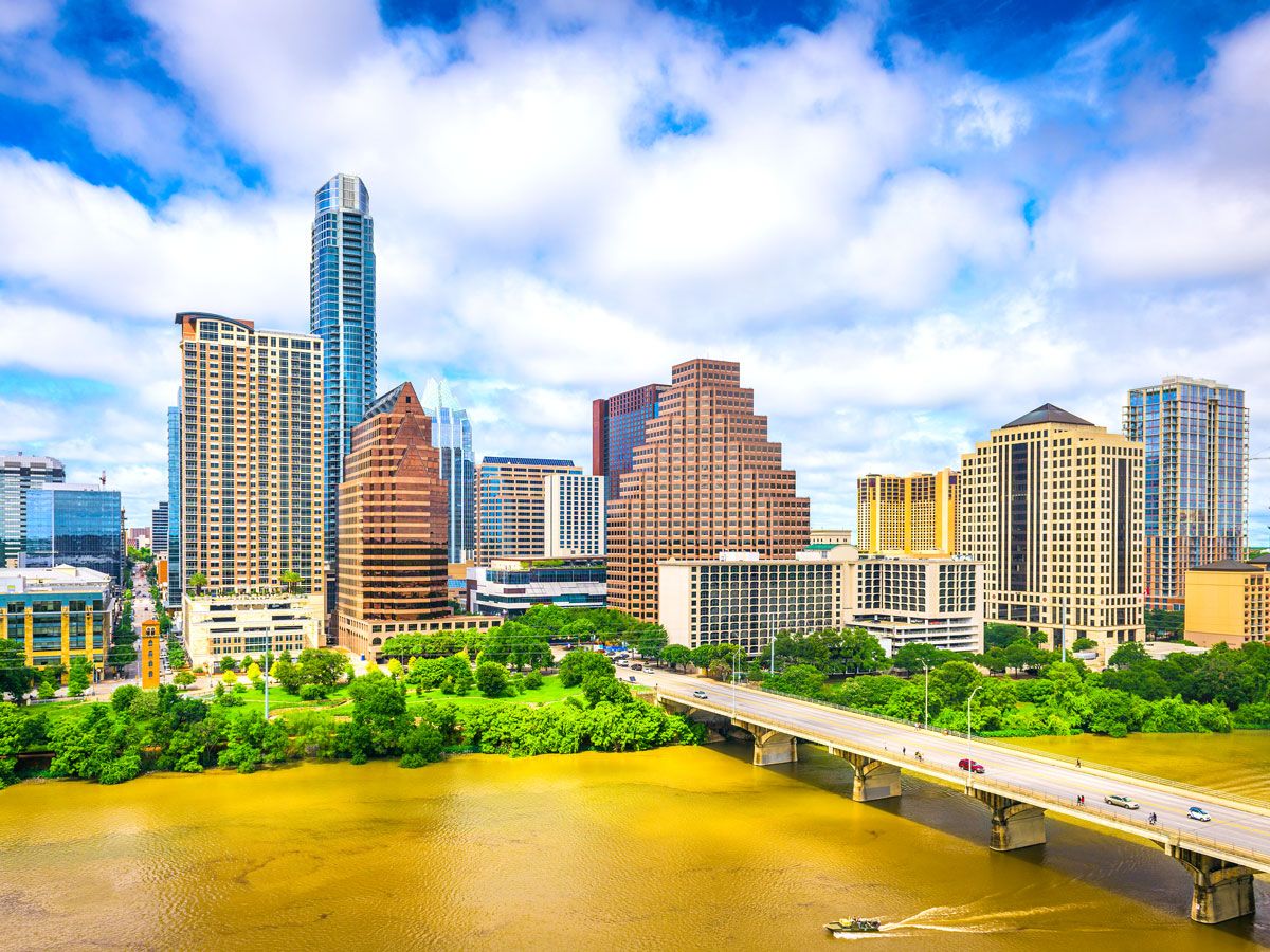 Austin skyline with aerial view of Congress Avenue Bridge