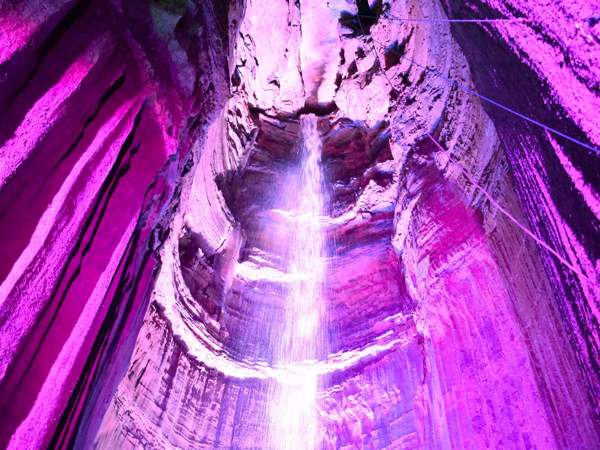 Underground Ruby Falls in Tennessee with purple lighting