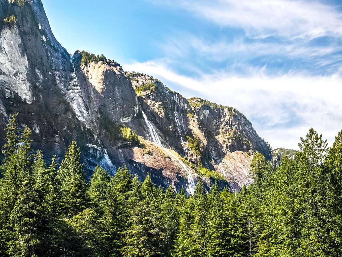 James Bruce Falls in British Columbia, seen in the distance