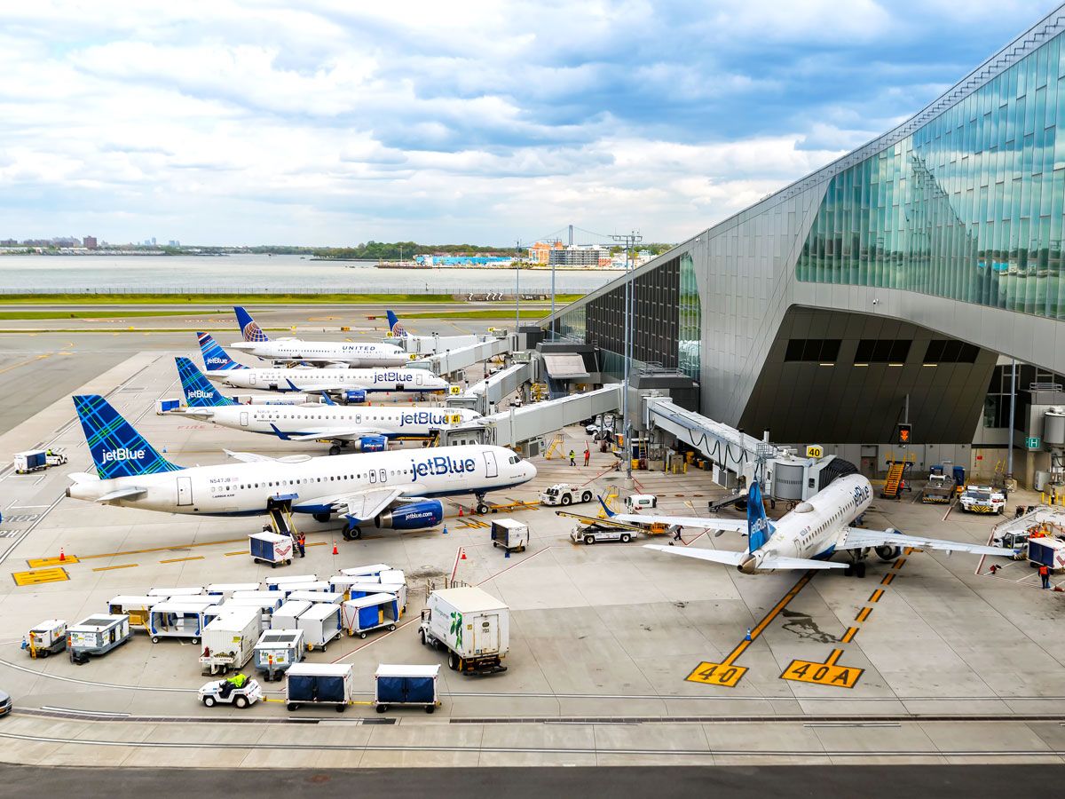 JetBlue planes parked at gates at New York LaGuardia Airport