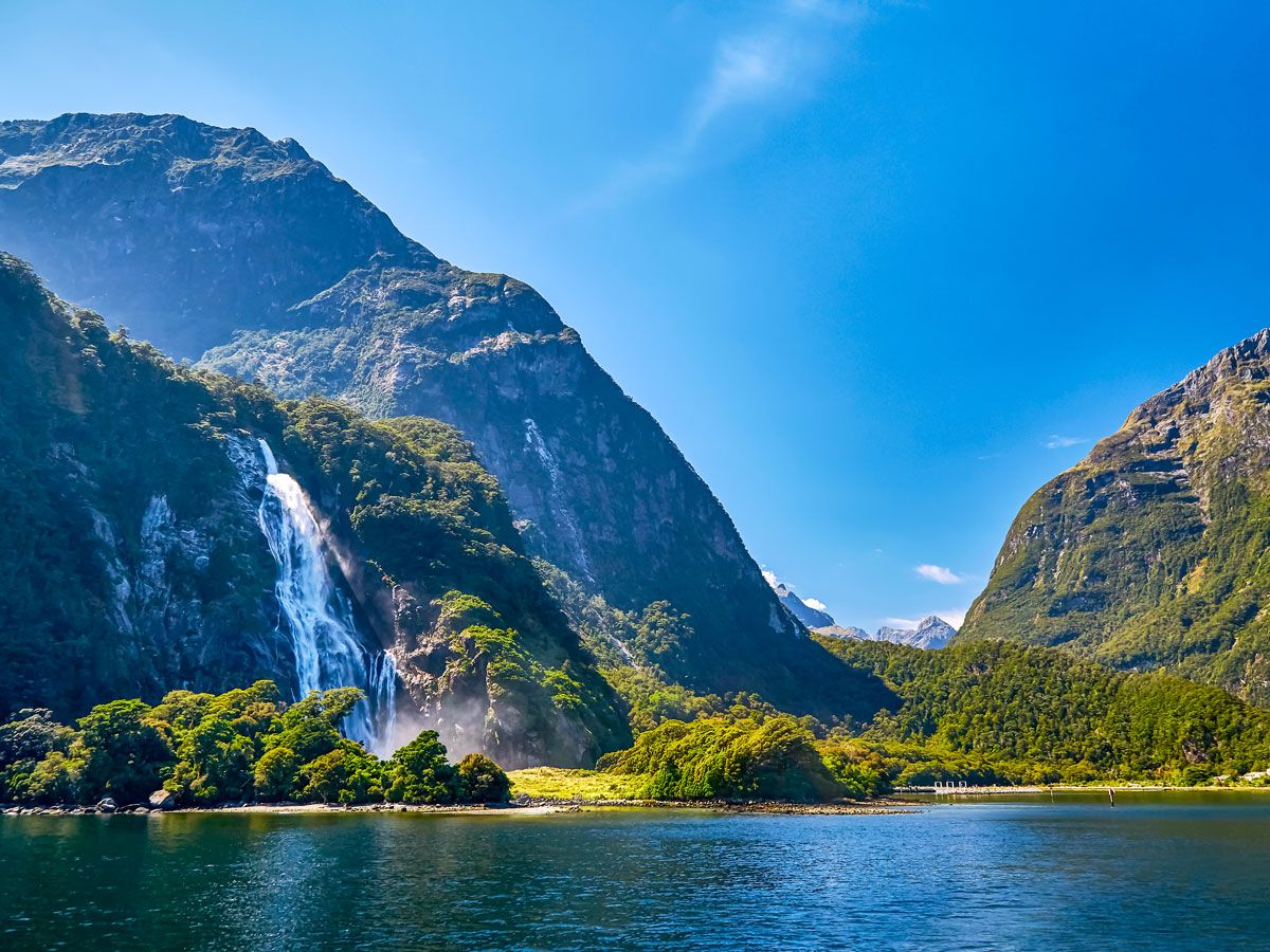 Waterfall along Milford Sound in New Zealand