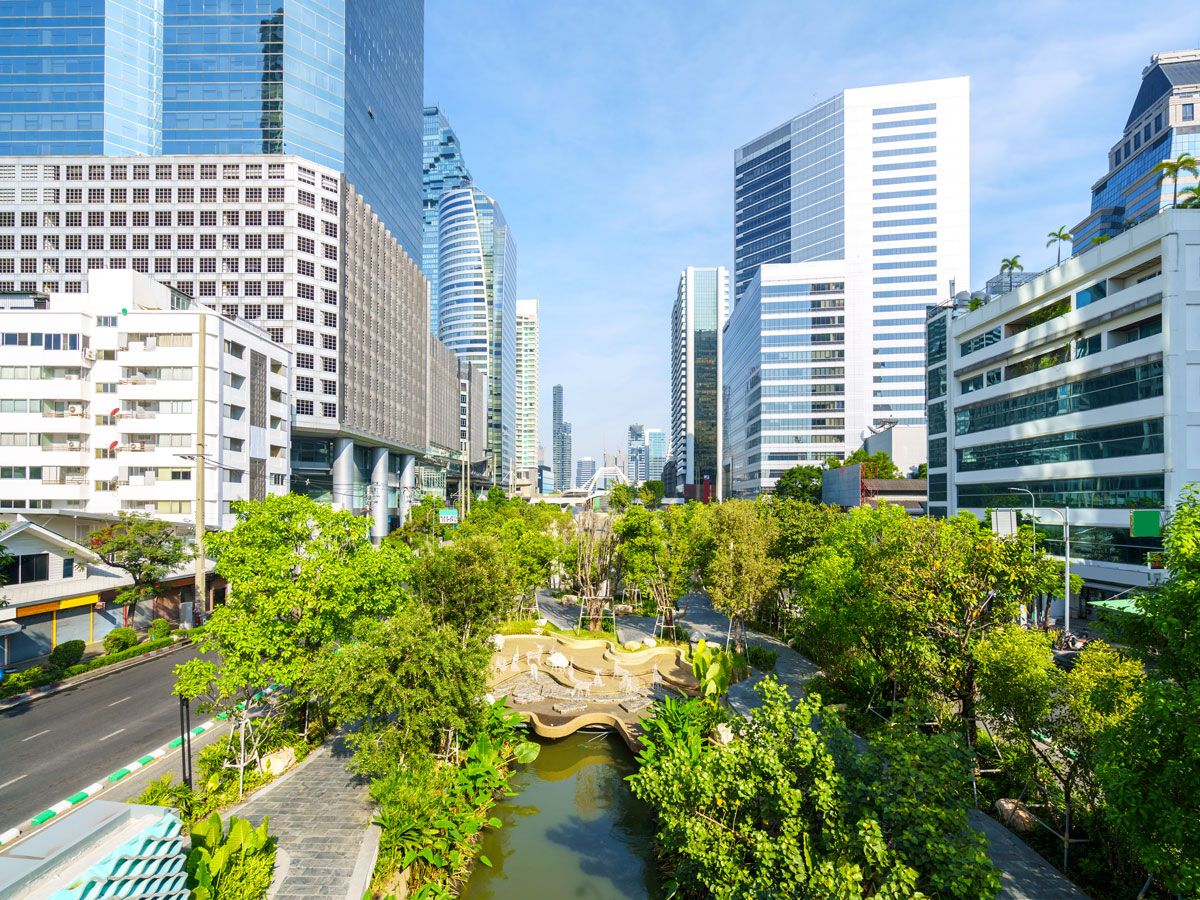 Park and skyscrapers in Bangkok, Thailand