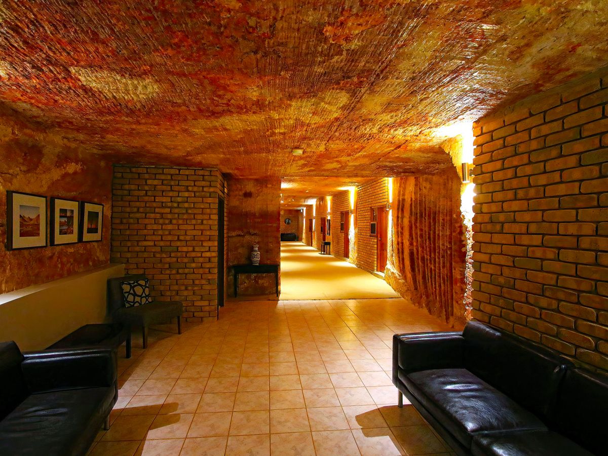 Underground hallway at the Lookout Cave Underground Motel in Australia