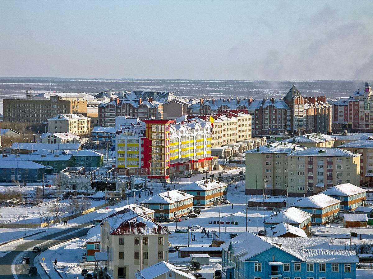 Snow-covered buildings in Salekhard, Russia