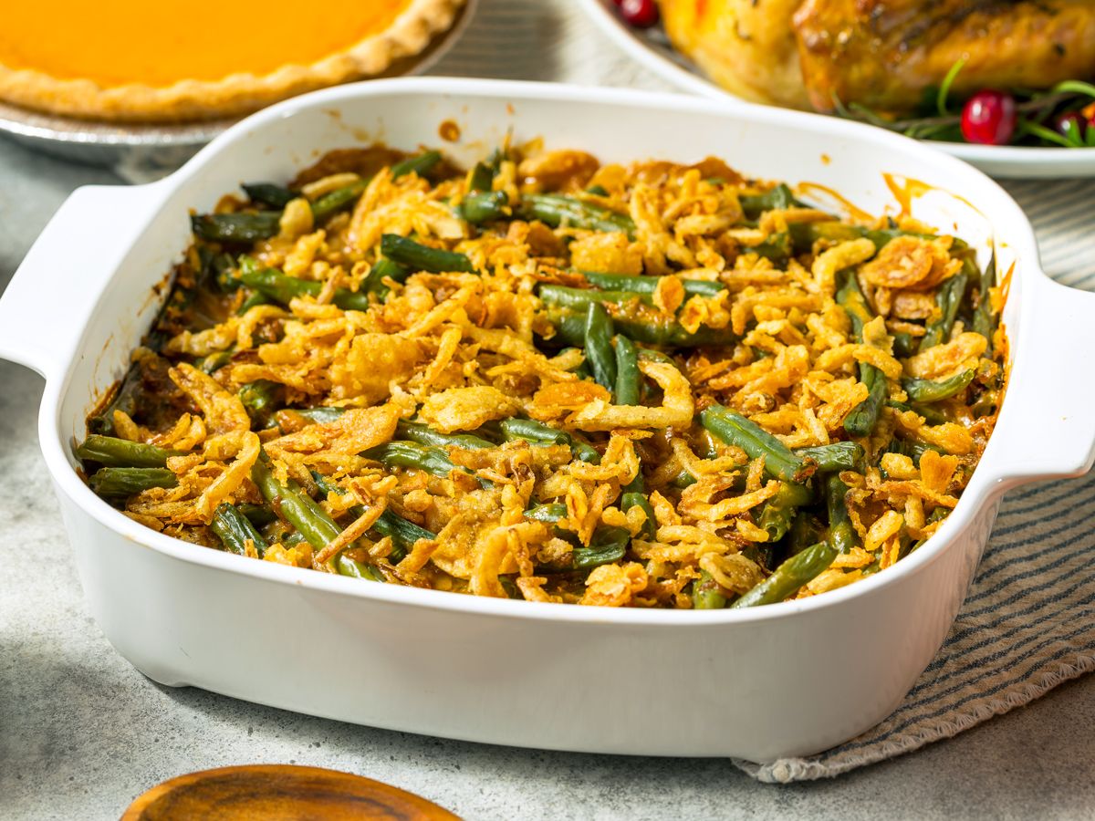 Green bean casserole on Thanksgiving table