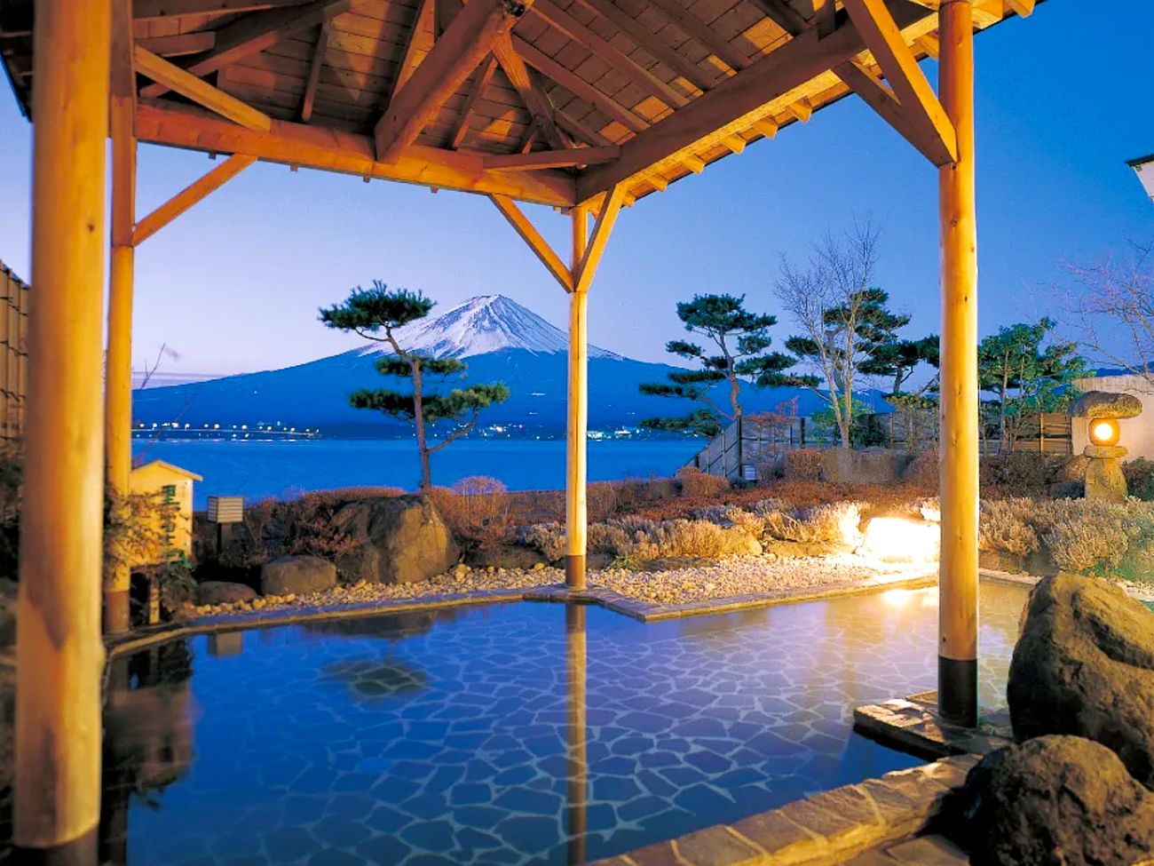 View of Mount Fuji at dusk from hot springs of Shuhoukaku Kogetsu hotel in Japan