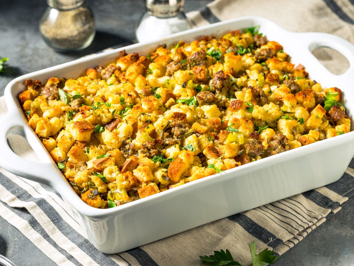 Thanksgiving stuffing in casserole dish