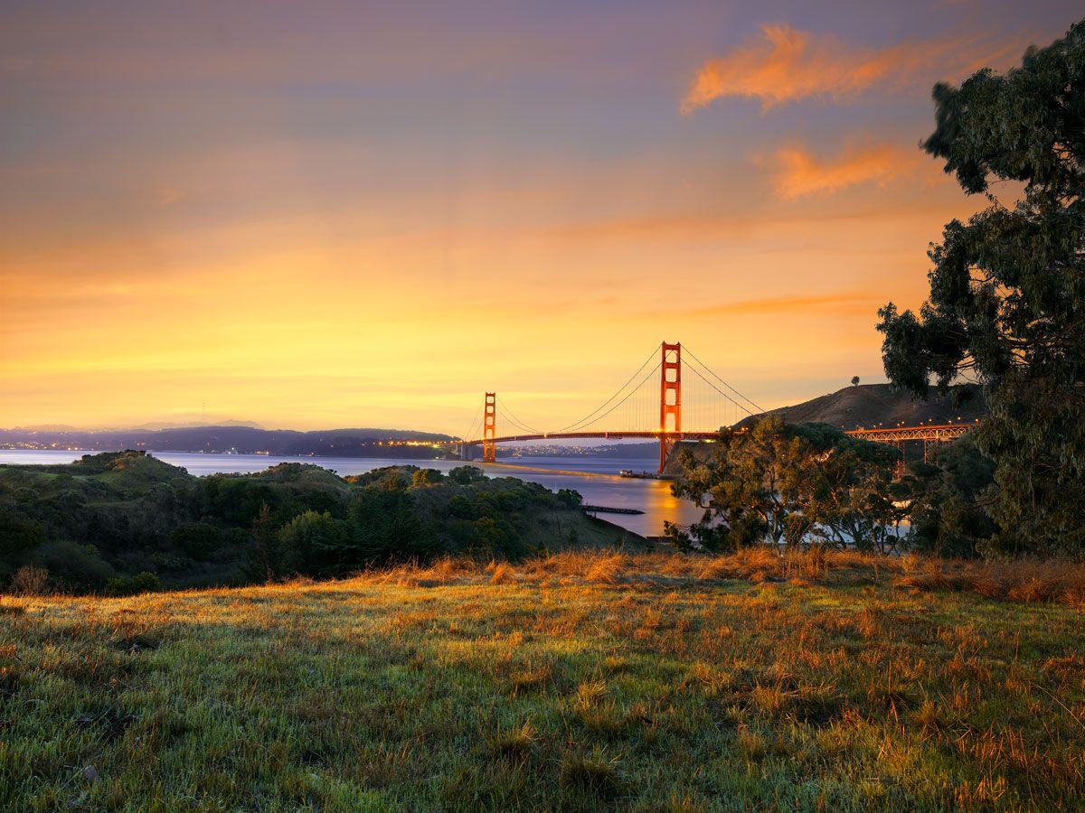 View of the Golden Gate Bridge at sunset from Cavallo Point Lodge