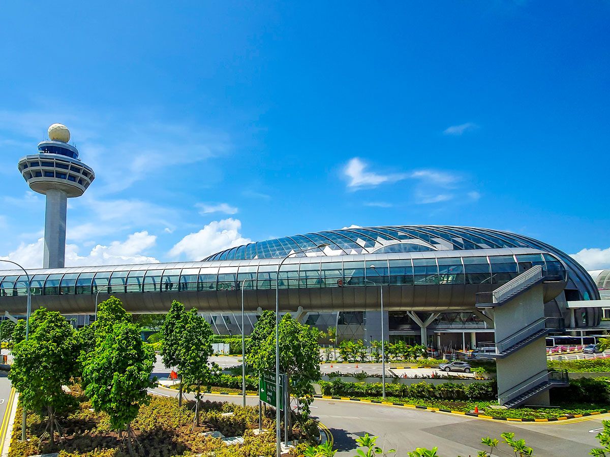 Control tower, airport terminal building, and roadway