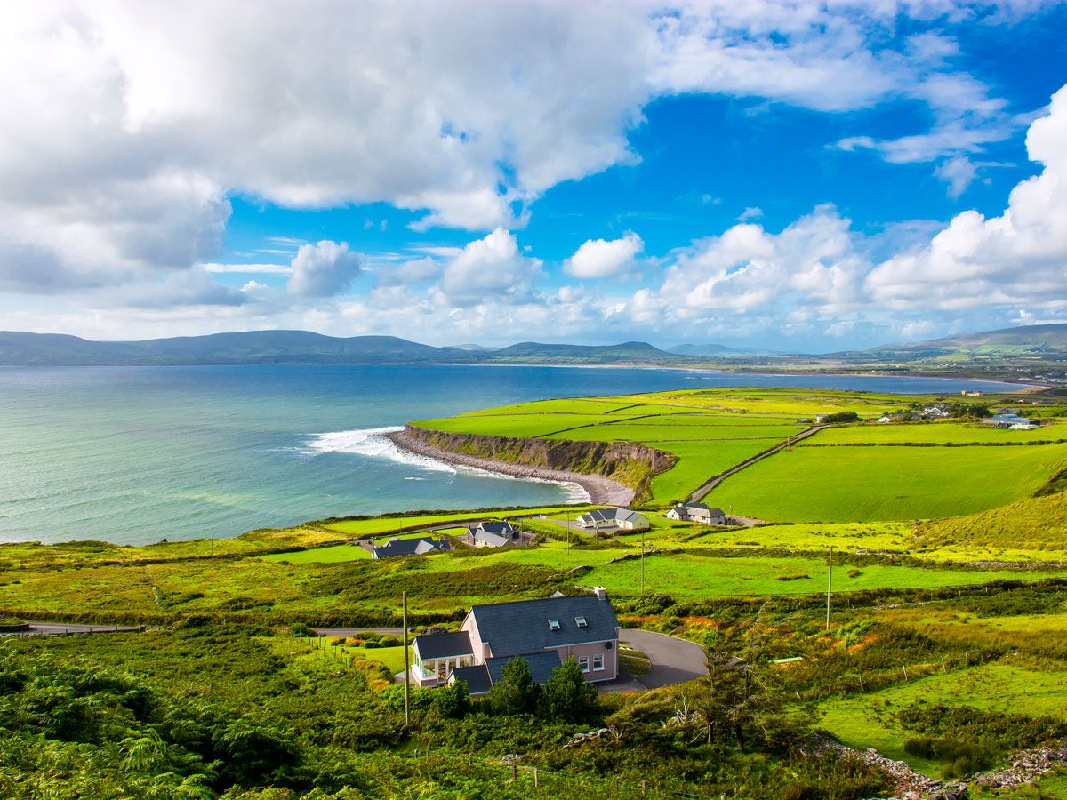Aerial view of lush Irish coastline