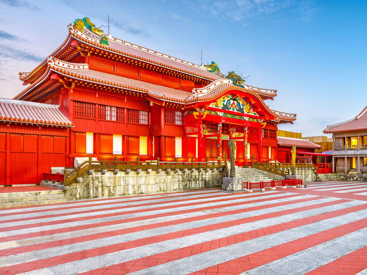 Bright red-painted Shuri Castle in Okinawa, Japan