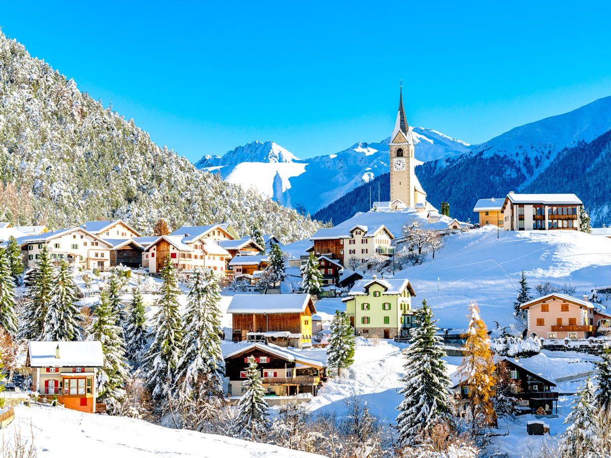 Snow-covered Alpine village in Switzerland