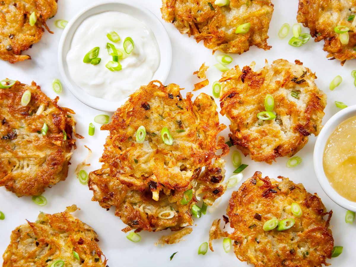 Plate of latkes with dipping sauces
