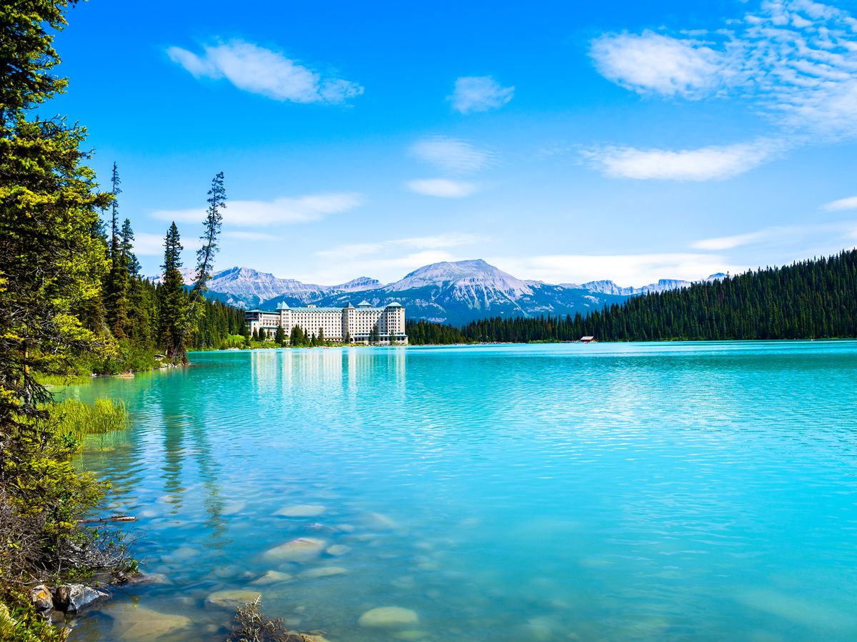 Fairmont hotel seen across Lake Louise in Banff National Park, Canada