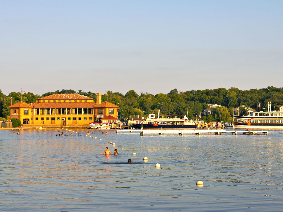 Swimmers off Riviera Beach in Lake Geneva, Wisconsin