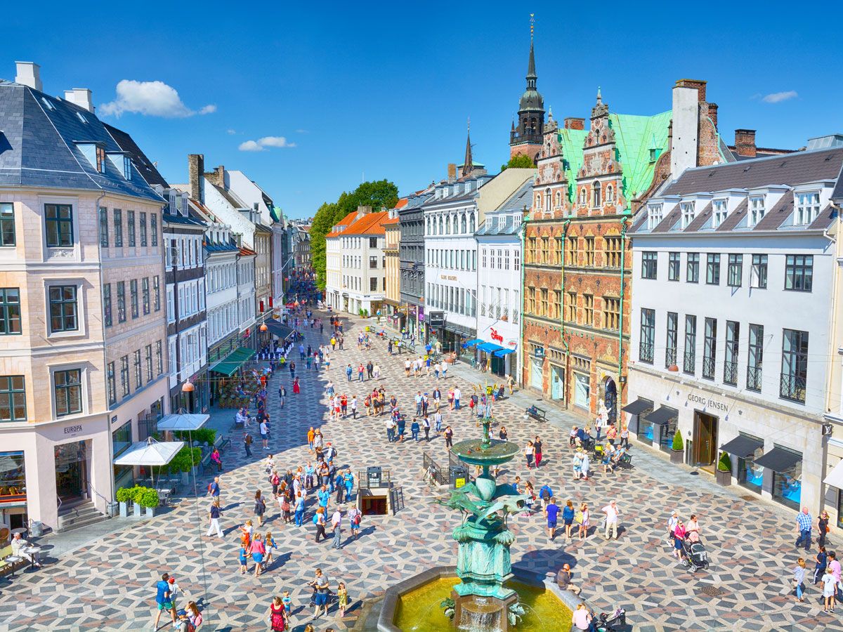 Aerial view of pedestrian mall in Copenhagen, Denmark