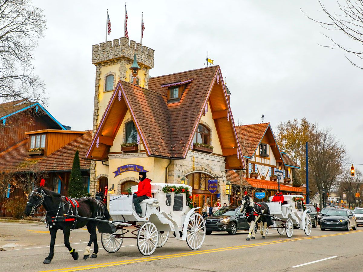 Horses and buggies with holiday decorations in Frankenmuth, Michigan