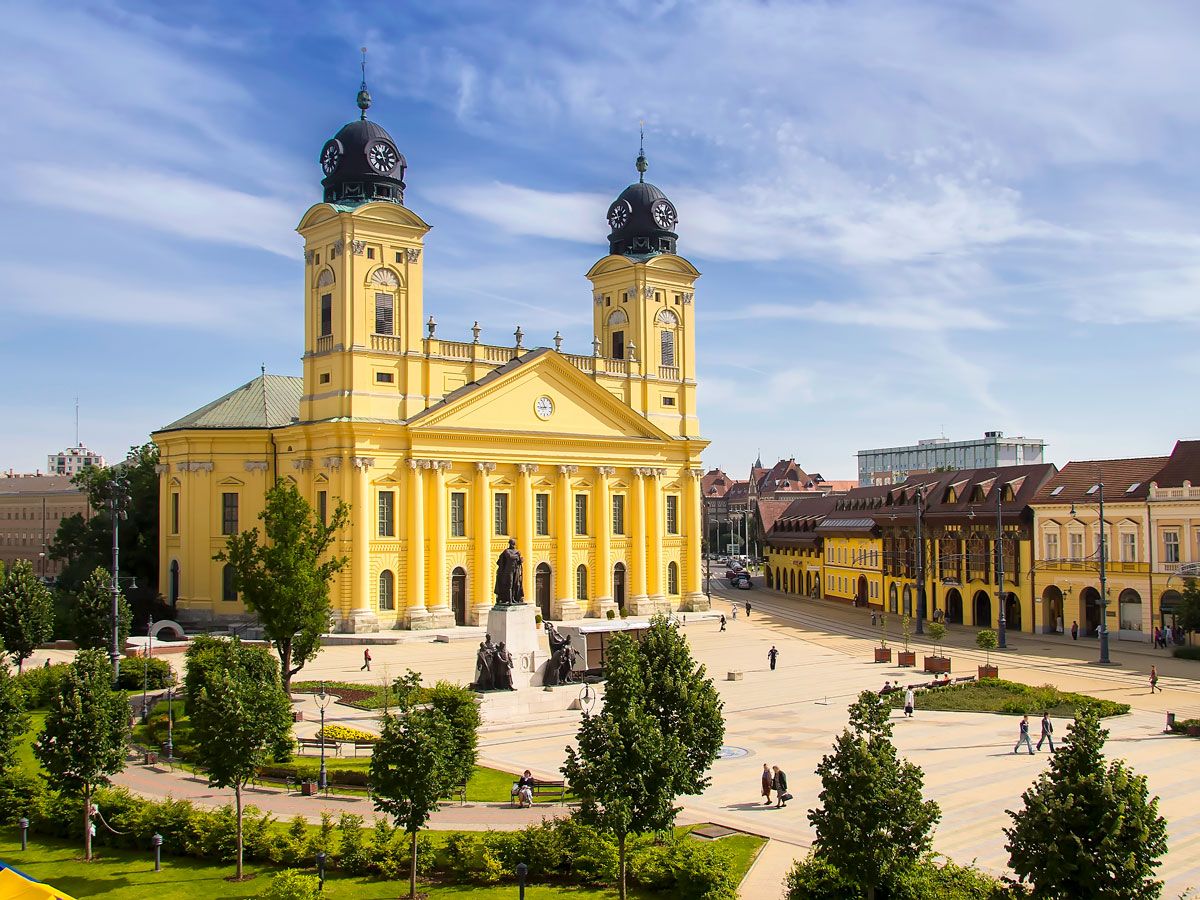 Yellow church overlooking main square of Debrecen, Hungary