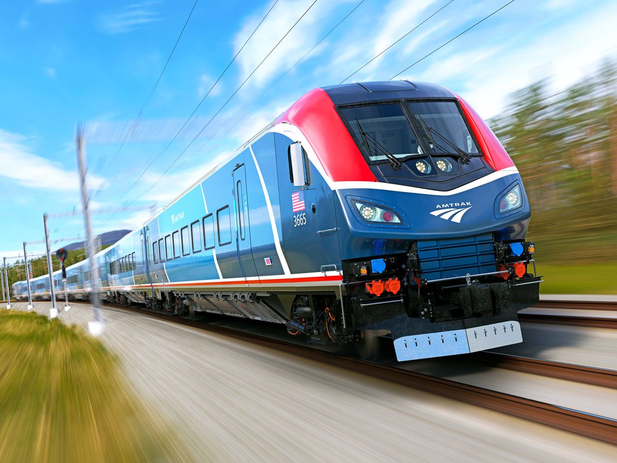 Amtrak train traveling at high speeds