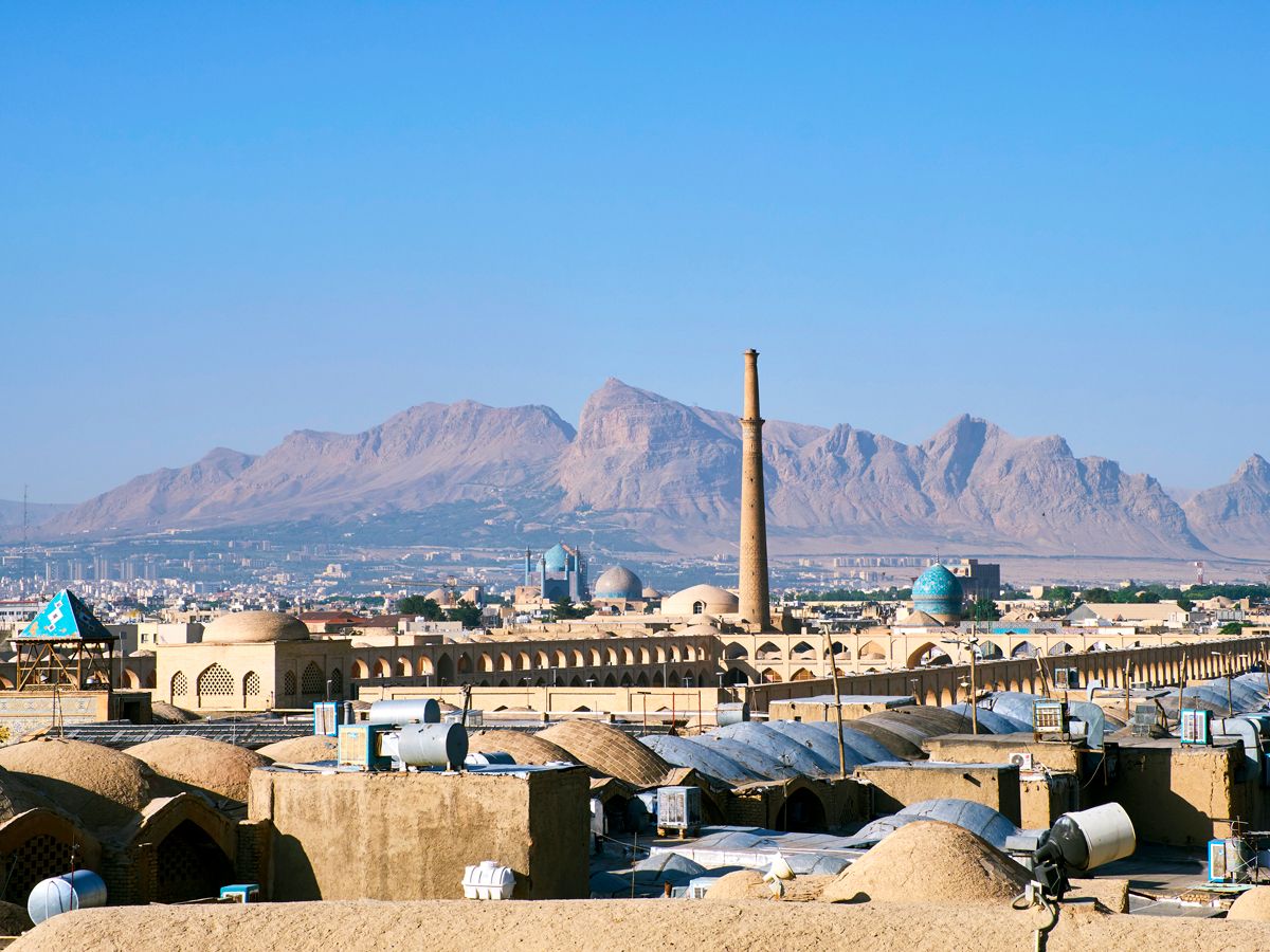 Skyline of Isfahan, Iran, with mountains in background