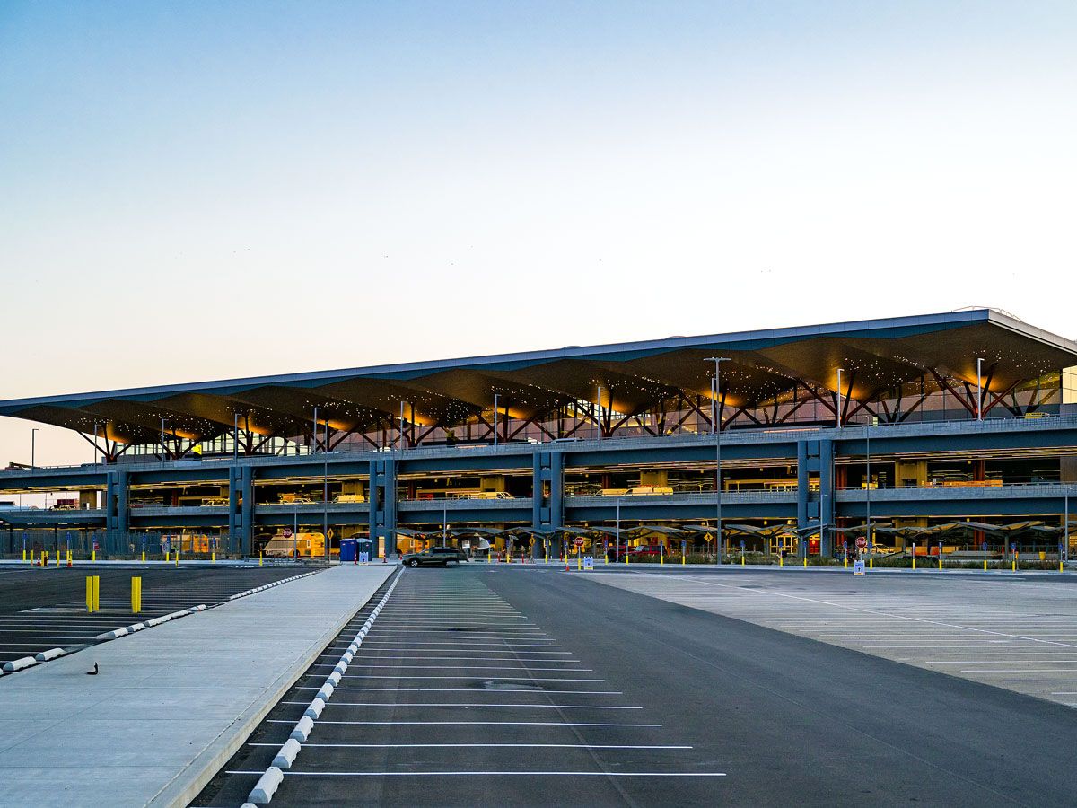 Exterior of new terminal building seen from parking lot at Pittsburgh International Airport