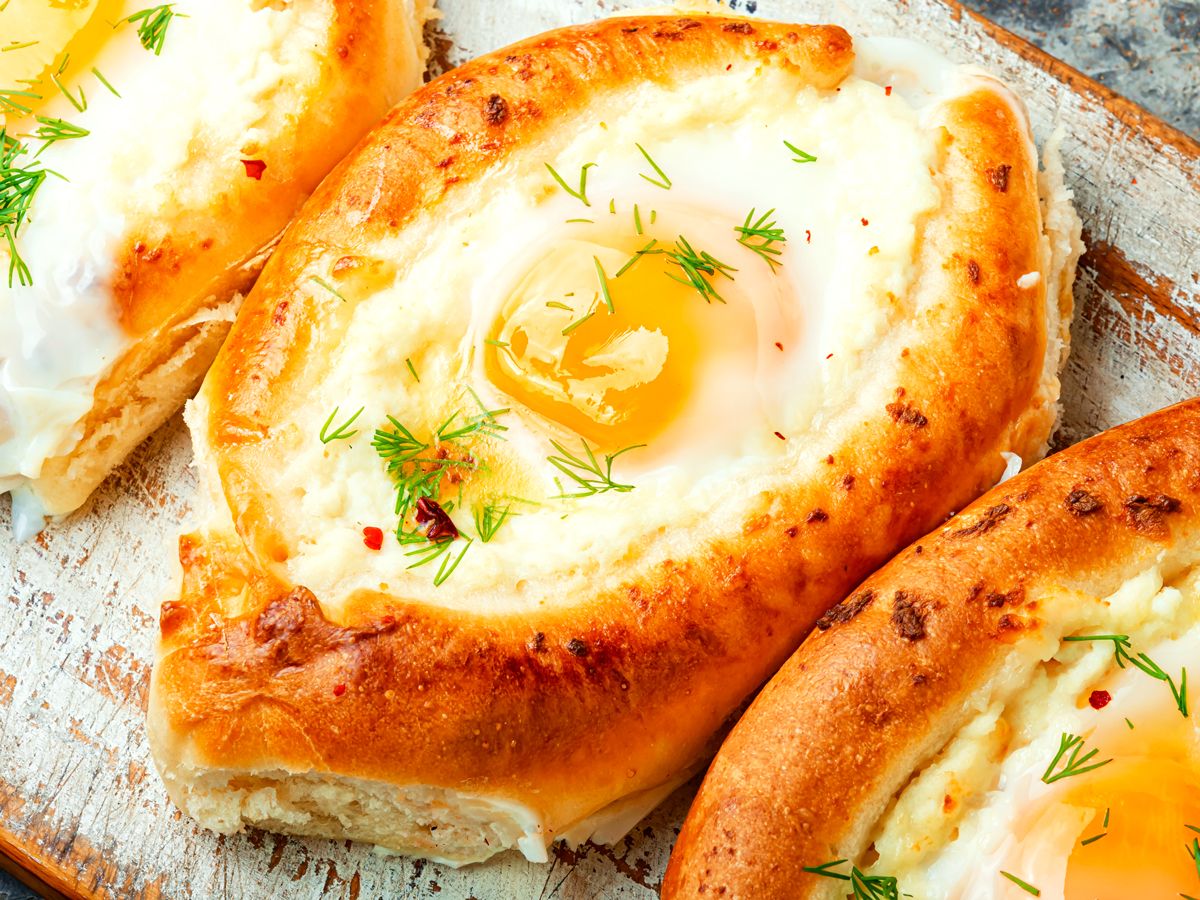 Egg- and cheese-filled khachapuri, national dish of Georgia