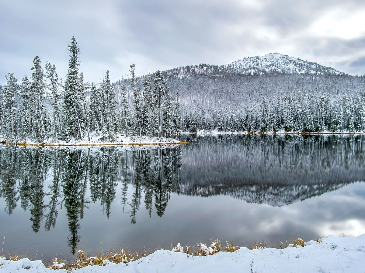 Snowy mountain and lake in Wyoming