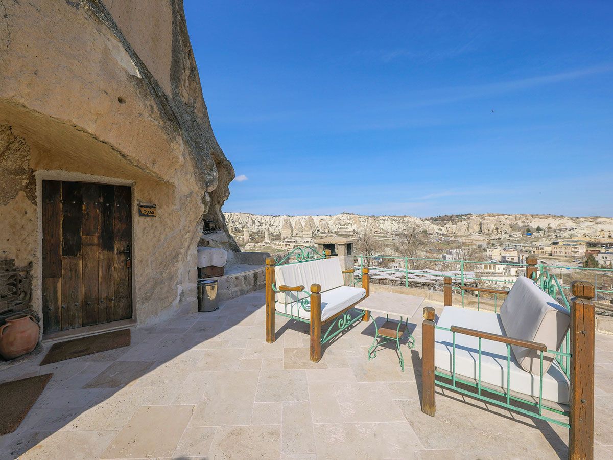 Balcony of cave suite at Kelebek Hotel in Cappadocia region of Türkiye
