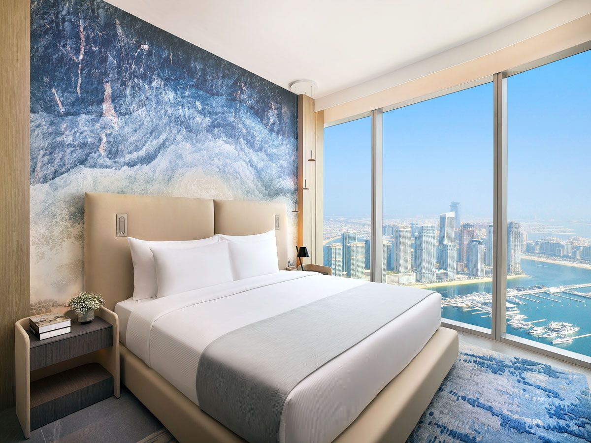 Guest room with view of Dubai skyline at Ciel Dubai Marina