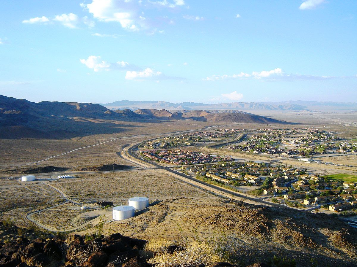 Aerial view of Fort Irwin, California, surrounded by mountains